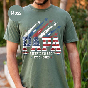 Custom Papa America 250th Shirt, Personalized 1776 2026 Us Flag Tee, Vintage Fighter Jet Fathers Day Presents, Patriotic Grandpa Clothing