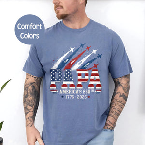 Custom Papa America 250th Shirt, Personalized 1776 2026 Us Flag Tee, Vintage Fighter Jet Fathers Day Presents, Patriotic Grandpa Clothing