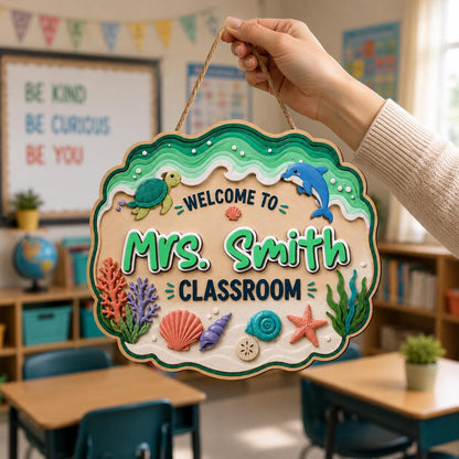 Personalized Ocean Teacher 3 Layers Wooden Sign, Sea Turtle Classroom Door Hanger, Teacher Appreciation Gifts, Back to School Decor, New Teacher Gift