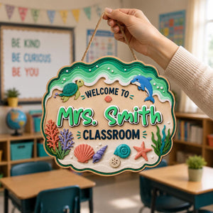 Personalized Ocean Teacher 3 Layers Wooden Sign, Sea Turtle Classroom Door Hanger, Teacher Appreciation Gifts, Back to School Decor, New Teacher Gift