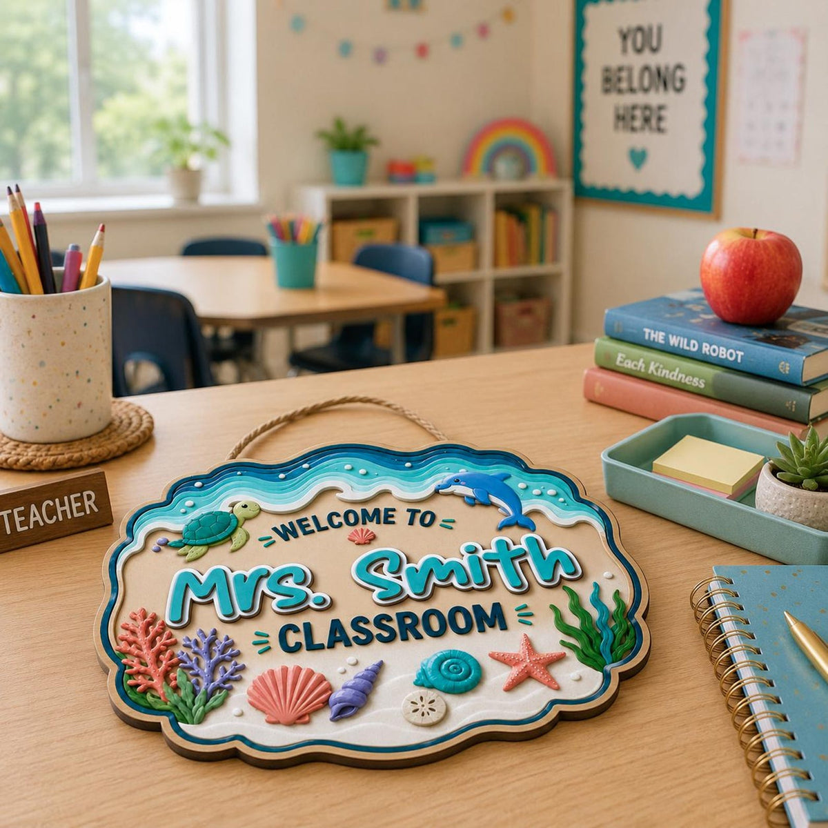 Personalized Ocean Teacher 3 Layers Wooden Sign, Sea Turtle Classroom Door Hanger, Teacher Appreciation Gifts, Back to School Decor, New Teacher Gift