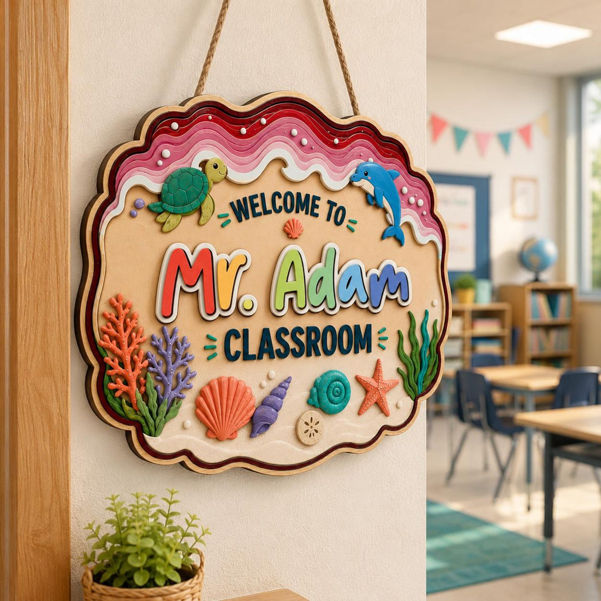 Personalized Ocean Teacher 3 Layers Wooden Sign, Sea Turtle Classroom Door Hanger, Teacher Appreciation Gifts, Back to School Decor, New Teacher Gift