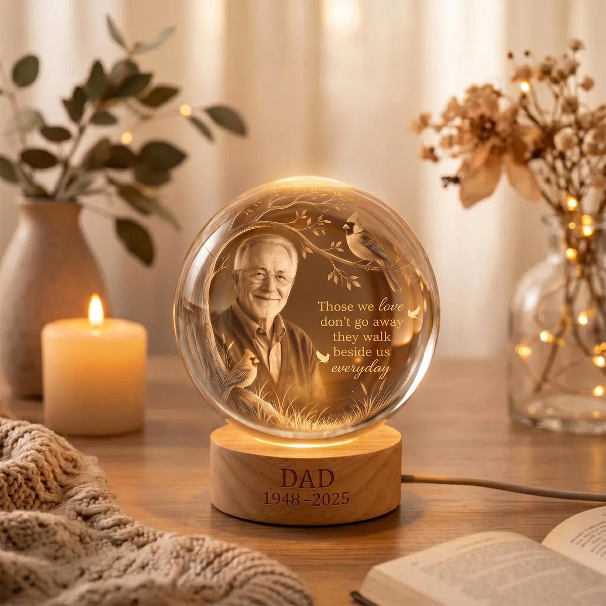 Personalized Photo Memorial Crystal Globe Lamp, Custom Remembrance Light, They Walk Beside Us Have No Fear Keepsake, Bereavement Gift