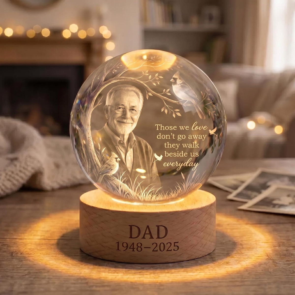 Personalized Photo Memorial Crystal Globe Lamp, Custom Remembrance Light, They Walk Beside Us Have No Fear Keepsake, Bereavement Gift