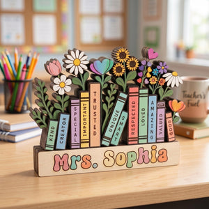 Personalized Teacher Name Wooden Plaque, Custom Book Floral Desk Sign, Teacher Appreciation Gift, Back to School Counselor Gift