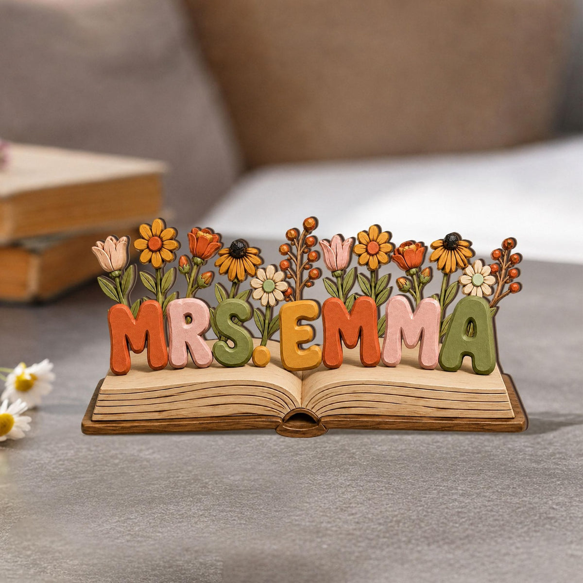 Personalized Teacher Desk Name Wooden Plaque Back To School Gift For Teachers Appreciation, Floral Book Wood Sign, School Counselor Gift