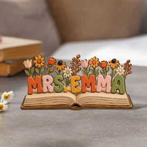 Personalized Teacher Desk Name Wooden Plaque Back To School Gift For Teachers Appreciation, Floral Book Wood Sign, School Counselor Gift