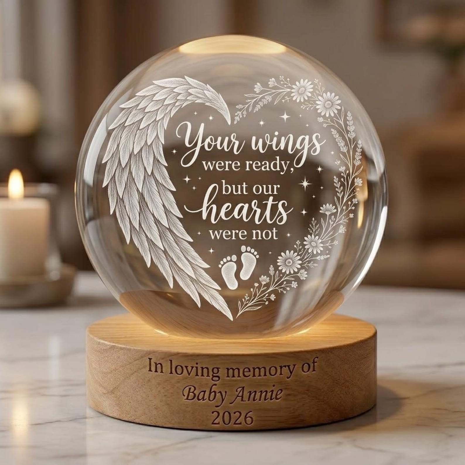 Personalized Baby Memorial Night Light, Miscarriage Memorial Crystal Ball Night Light, Angel Baby Memorial Gifts, Baby Loss, Sympathy Gift