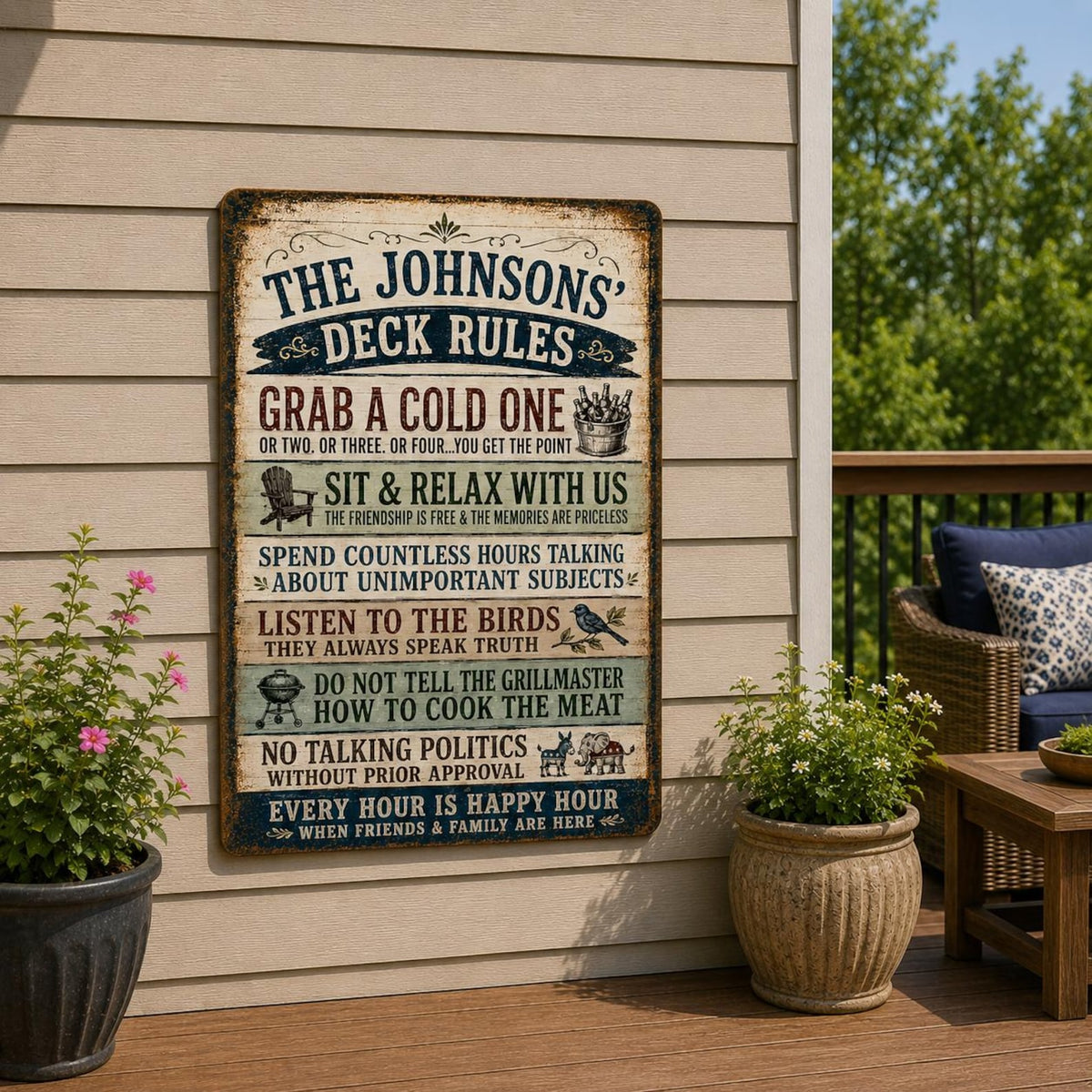 Personalized Funny Deck Rules Metal Sign, Custom Family Name Patio Decor, Backyard Bar Art