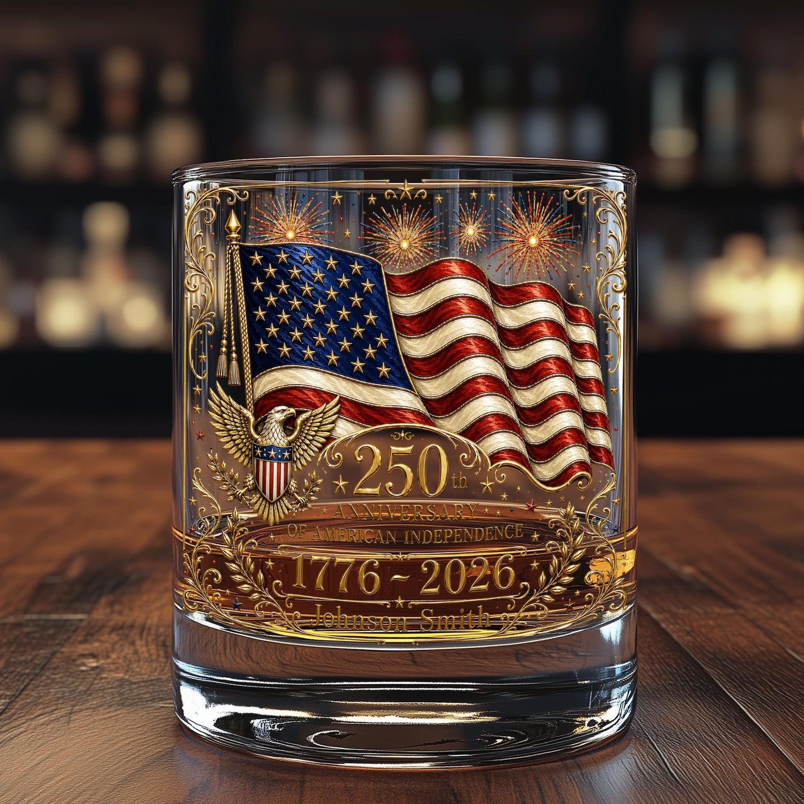 Personalized America 250 Whiskey Glass, USA 250th Anniversary Gift, Patriotic Bourbon Glass, Fourth of July Whiskey, Independence Day Glass
