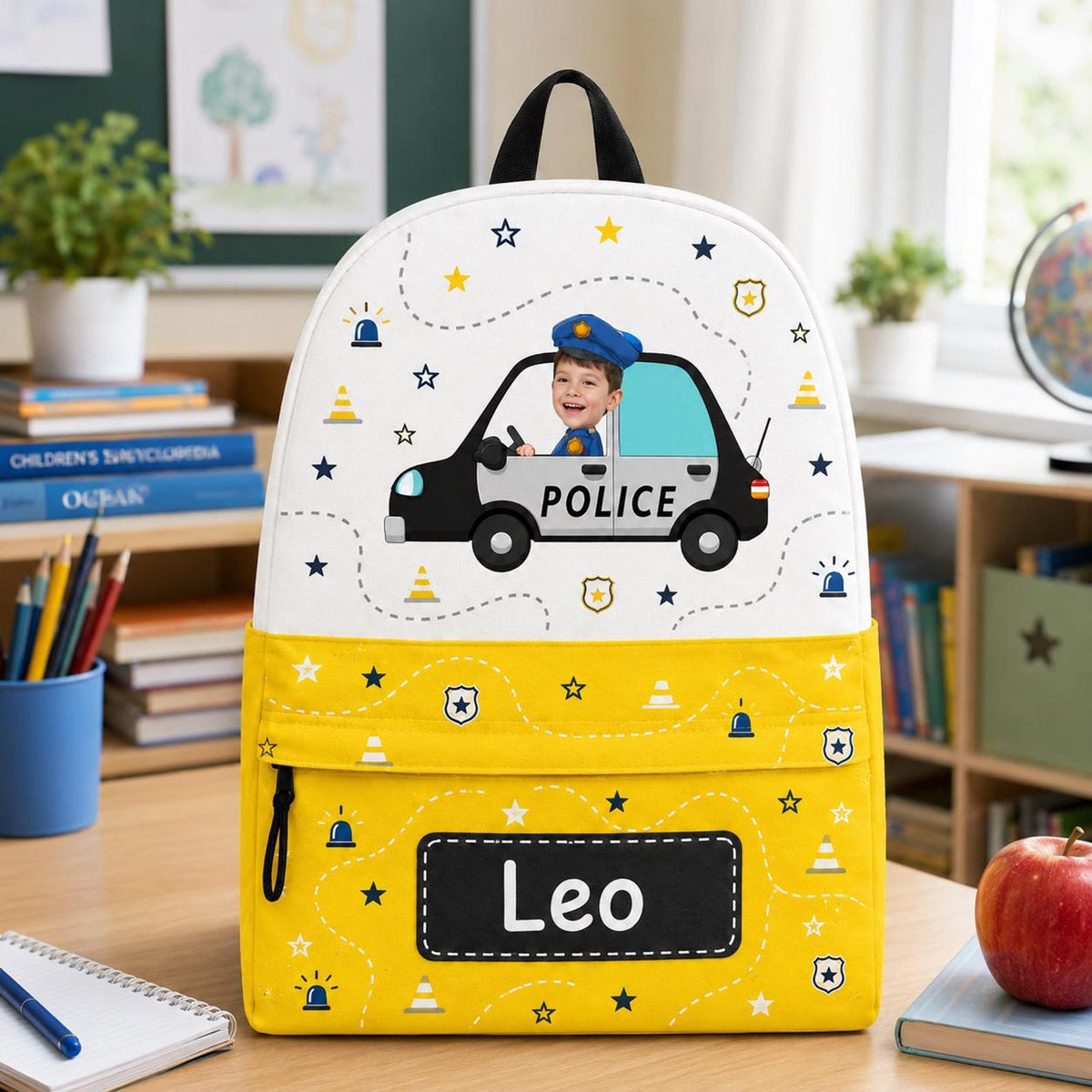 Personalized Kids Backpack with Photo and Name, Custom Police Car School Bag, Preschool Backpack, Back to School Gift for Boys and Girls