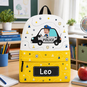 Personalized Kids Backpack with Photo and Name, Custom Police Car School Bag, Preschool Backpack, Back to School Gift for Boys and Girls