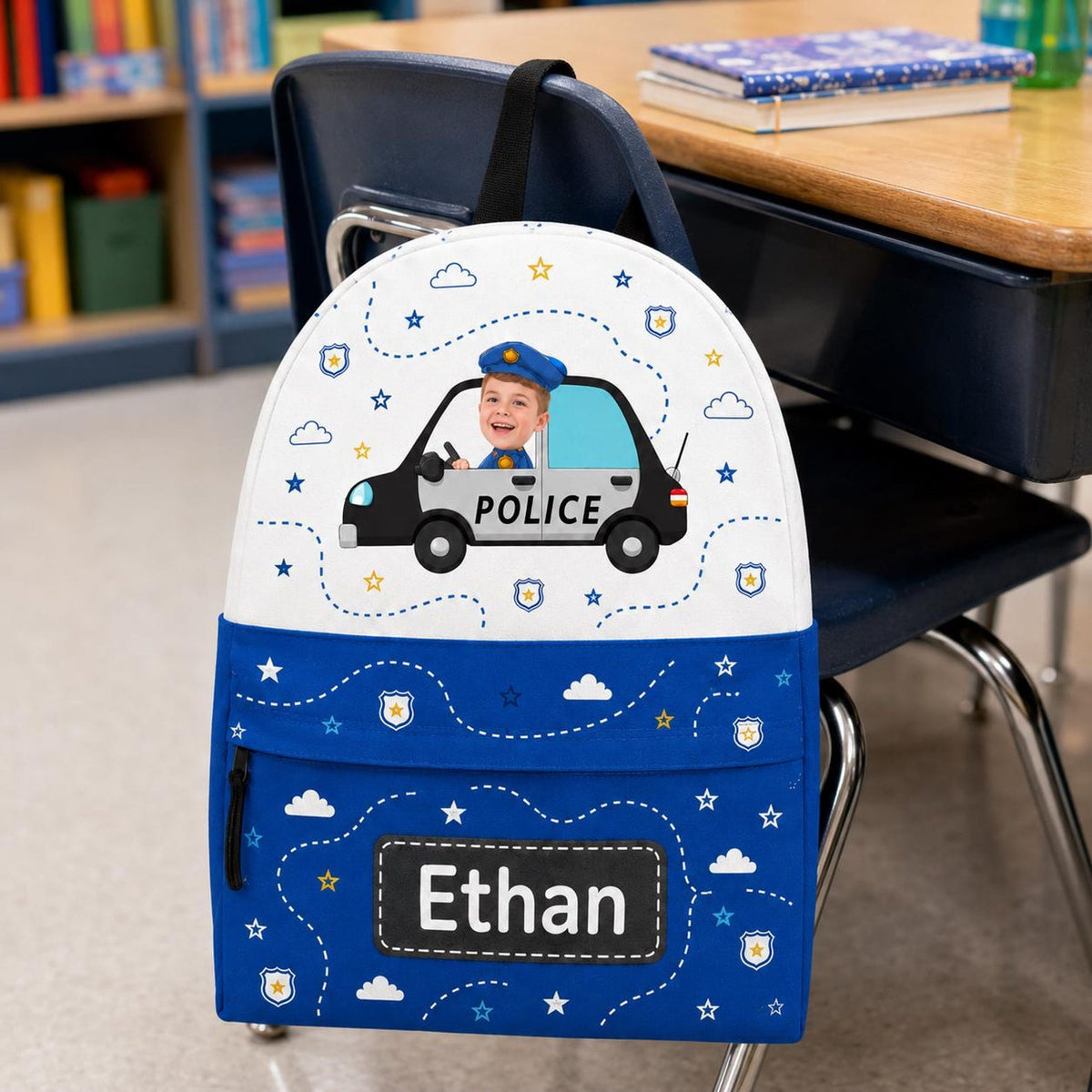 Personalized Kids Backpack with Photo and Name, Custom Police Car School Bag, Preschool Backpack, Back to School Gift for Boys and Girls