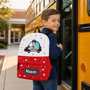 Personalized Kids Backpack with Photo and Name, Custom Police Car School Bag, Preschool Backpack, Back to School Gift for Boys and Girls