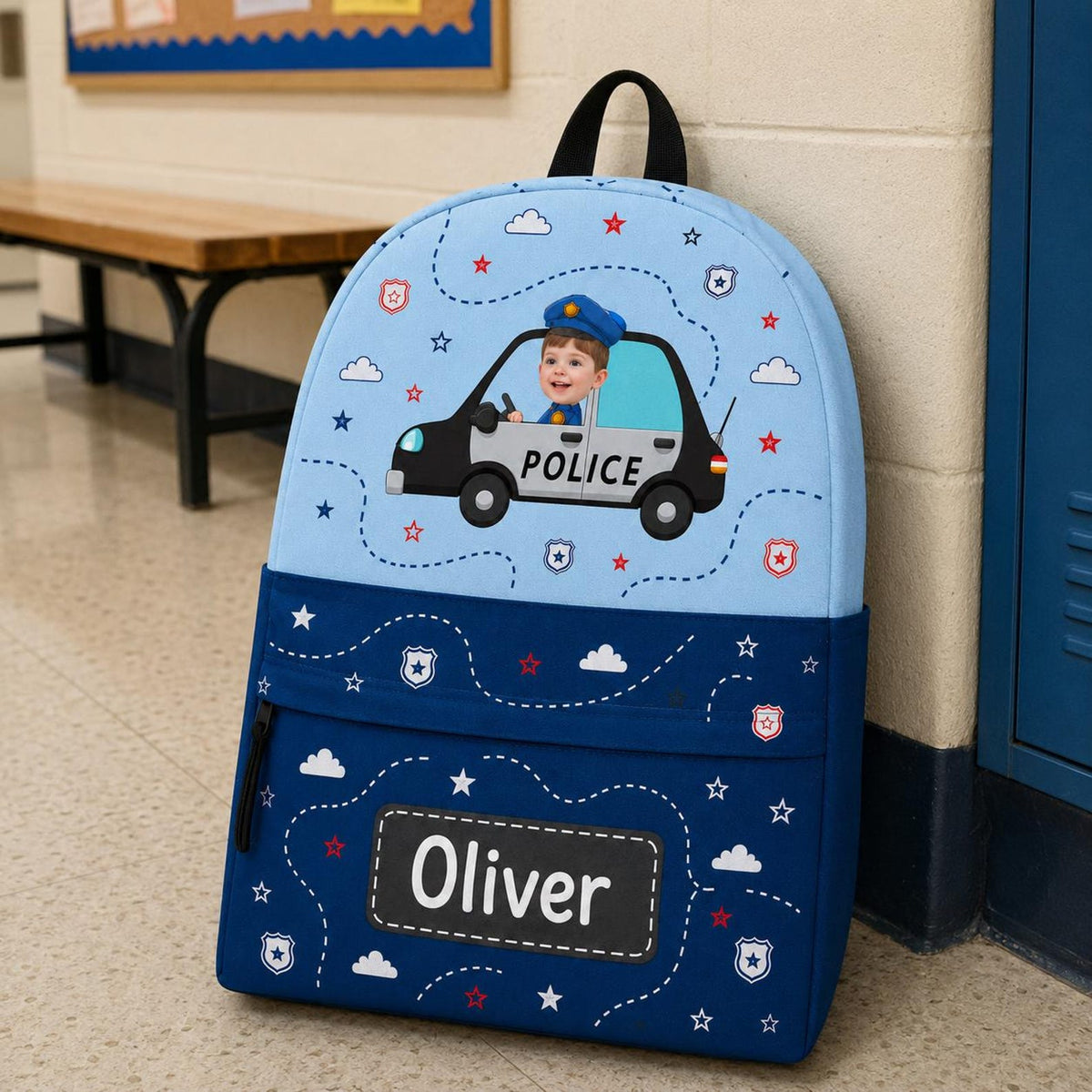 Personalized Kids Backpack with Photo and Name, Custom Police Car School Bag, Preschool Backpack, Back to School Gift for Boys and Girls