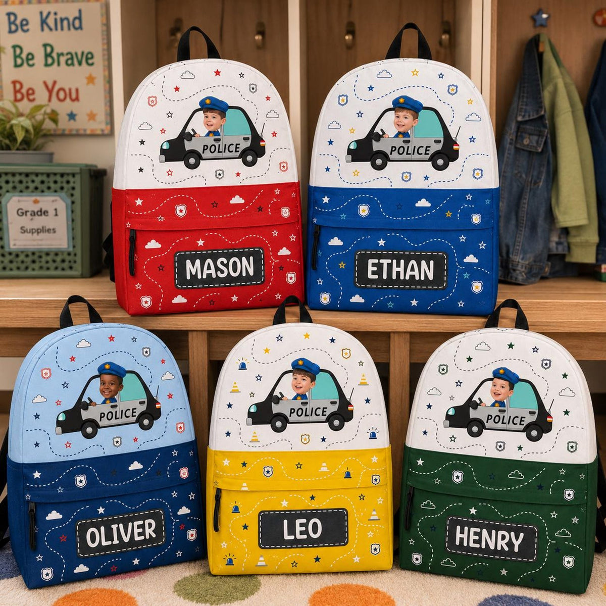 Personalized Kids Backpack with Photo and Name, Custom Police Car School Bag, Preschool Backpack, Back to School Gift for Boys and Girls