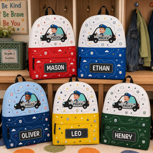 Personalized Kids Backpack with Photo and Name, Custom Police Car School Bag, Preschool Backpack, Back to School Gift for Boys and Girls