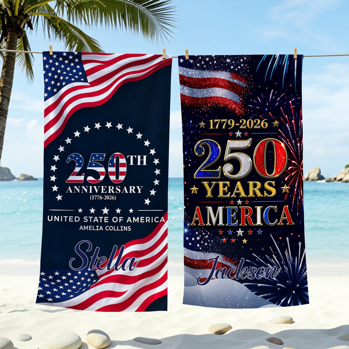 Custom USA 250th Anniversary Beach Towel,Personalized America 1776-2026 Towel,Family Name Patriotic Pool Towel,Independence Day Summer Gift