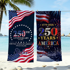 Custom USA 250th Anniversary Beach Towel,Personalized America 1776-2026 Towel,Family Name Patriotic Pool Towel,Independence Day Summer Gift