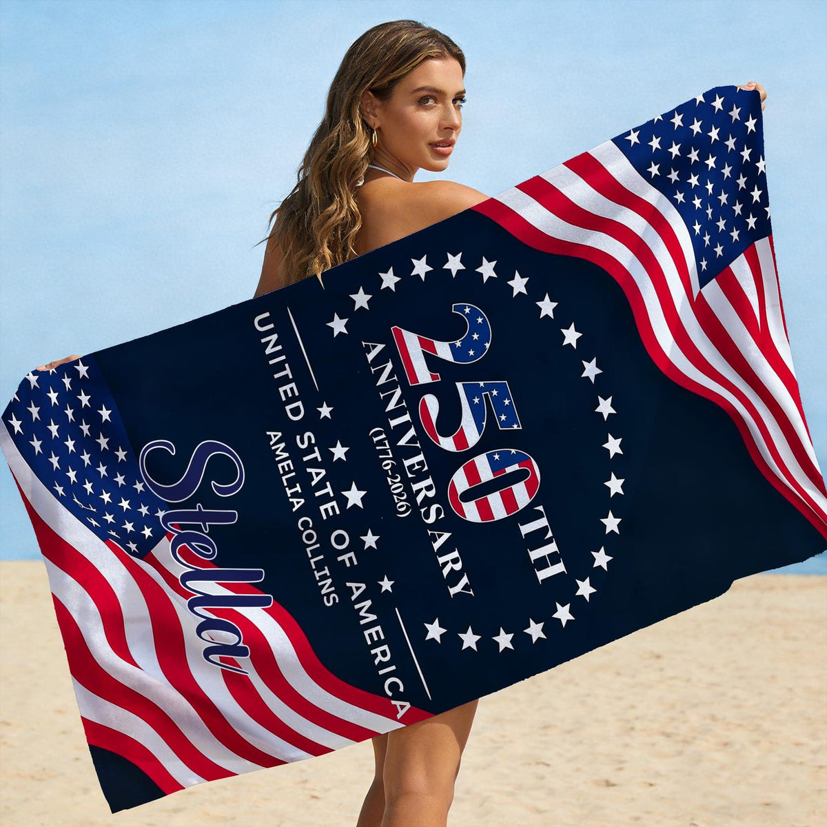 Custom USA 250th Anniversary Beach Towel,Personalized America 1776-2026 Towel,Family Name Patriotic Pool Towel,Independence Day Summer Gift