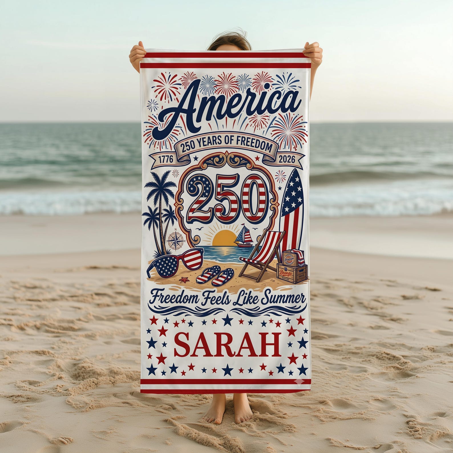 Personalized America 250th Beach Towel, USA 250 Years of Freedom Summer Towel, Patriotic 4th of July Gift, Custom Name Towel Stars Stripes