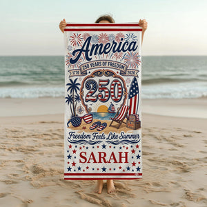 Personalized America 250th Beach Towel, USA 250 Years of Freedom Summer Towel, Patriotic 4th of July Gift, Custom Name Towel Stars Stripes