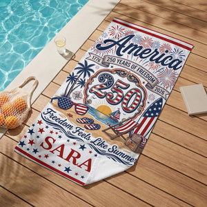 Personalized America 250th Beach Towel, USA 250 Years of Freedom Summer Towel, Patriotic 4th of July Gift, Custom Name Towel Stars Stripes