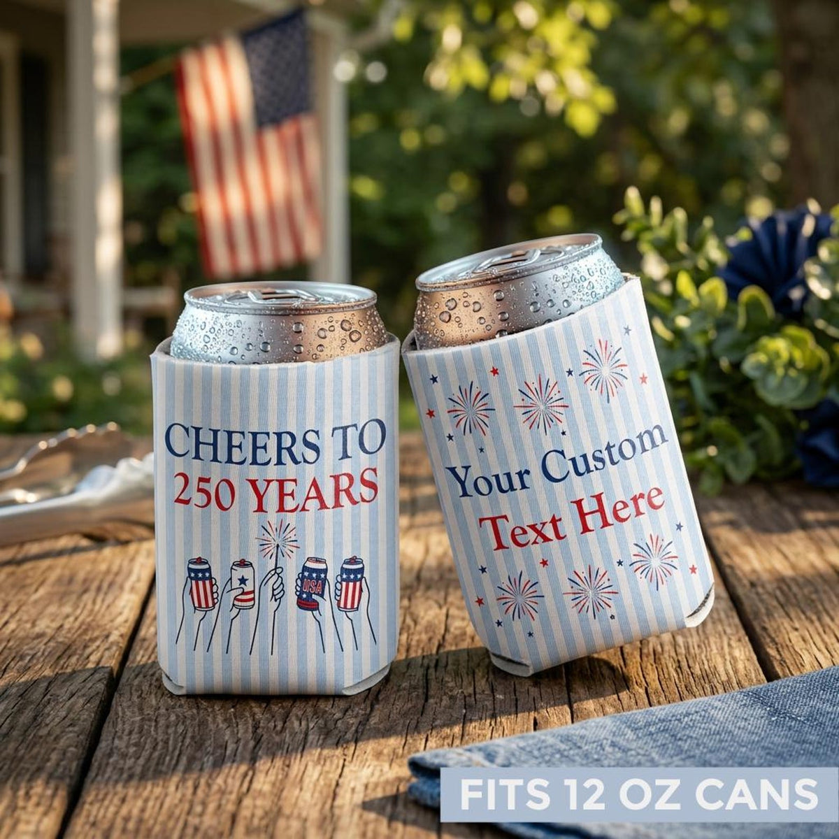 Custom Cheers to 250 Years Can Coolers, Personalized USA 250th Anniversary Drink Sleeves, 4th of July BBQ Party Favors,