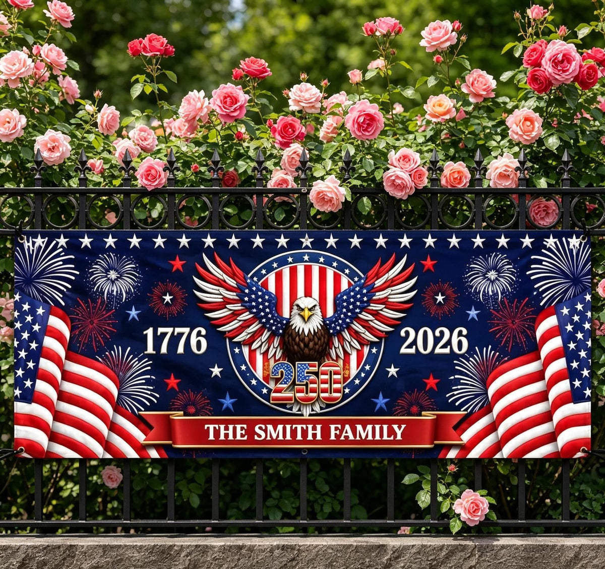 Custom USA 250th Anniversary Banner, Personalized Family Name Eagle Patriotic Decor, 1776-2026 Banner