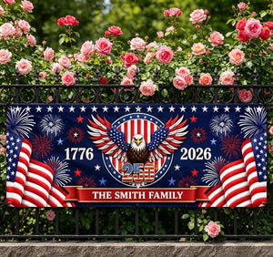 Custom USA 250th Anniversary Banner, Personalized Family Name Eagle Patriotic Decor, 1776-2026 Banner