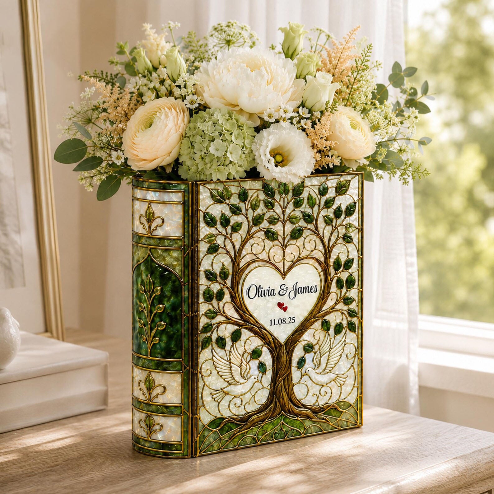 Personalized Stained Glass Effect Wedding Tree Book Vase,Custom Couple Vase, Bridal Shower Gift, Anniversary Keepsake, Wedding Gift for Bride Groom