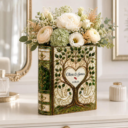 Personalized Stained Glass Effect Wedding Tree Book Vase,Custom Couple Vase, Bridal Shower Gift, Anniversary Keepsake, Wedding Gift for Bride Groom