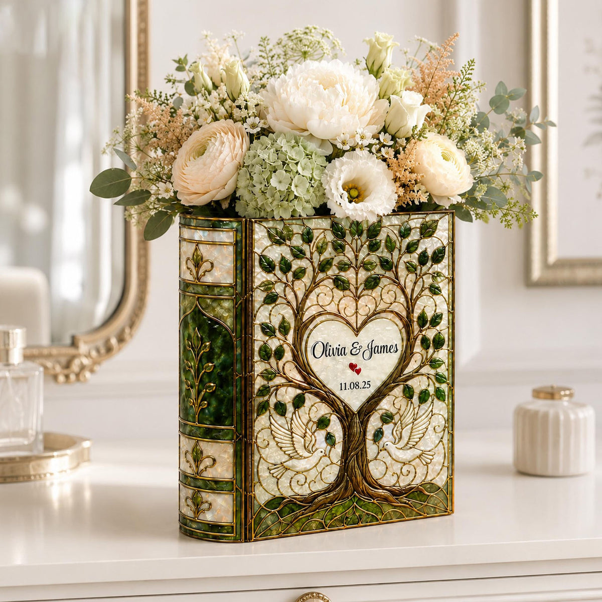 Personalized Stained Glass Effect Wedding Tree Book Vase,Custom Couple Vase, Bridal Shower Gift, Anniversary Keepsake, Wedding Gift for Bride Groom