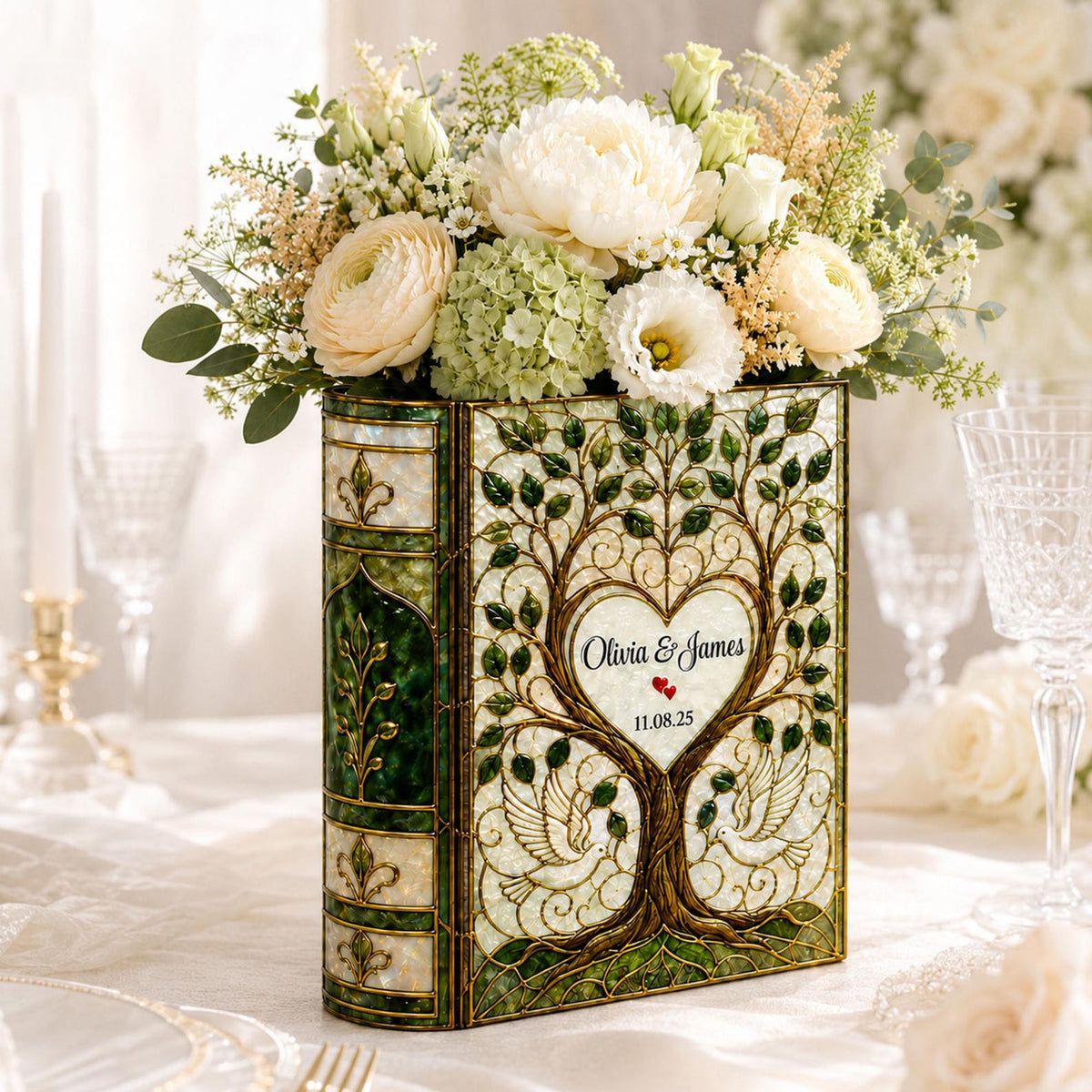 Personalized Stained Glass Effect Wedding Tree Book Vase,Custom Couple Vase, Bridal Shower Gift, Anniversary Keepsake, Wedding Gift for Bride Groom