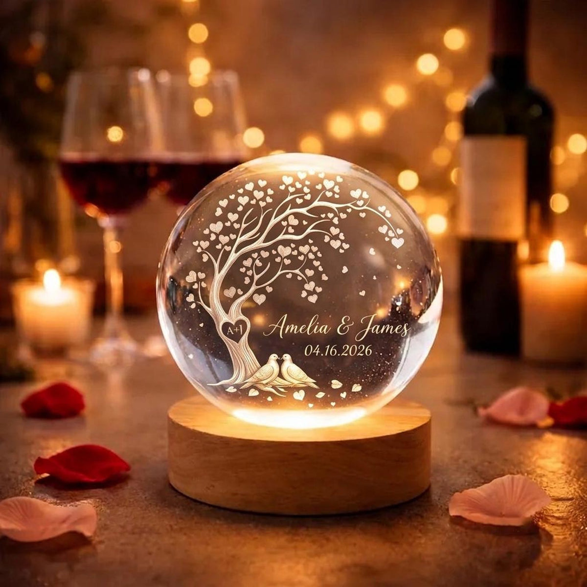 Personalized Couple Crystal Globe Lamp, Custom Engagement Gift for Bride and Groom, Wedding Anniversary Gift, Birth Love Tree Heart Lamp