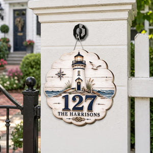 Coastal Lighthouse Address Sign, Personalized House Number Sign, Nautical Wooden Address Plaque, Beach House Decor