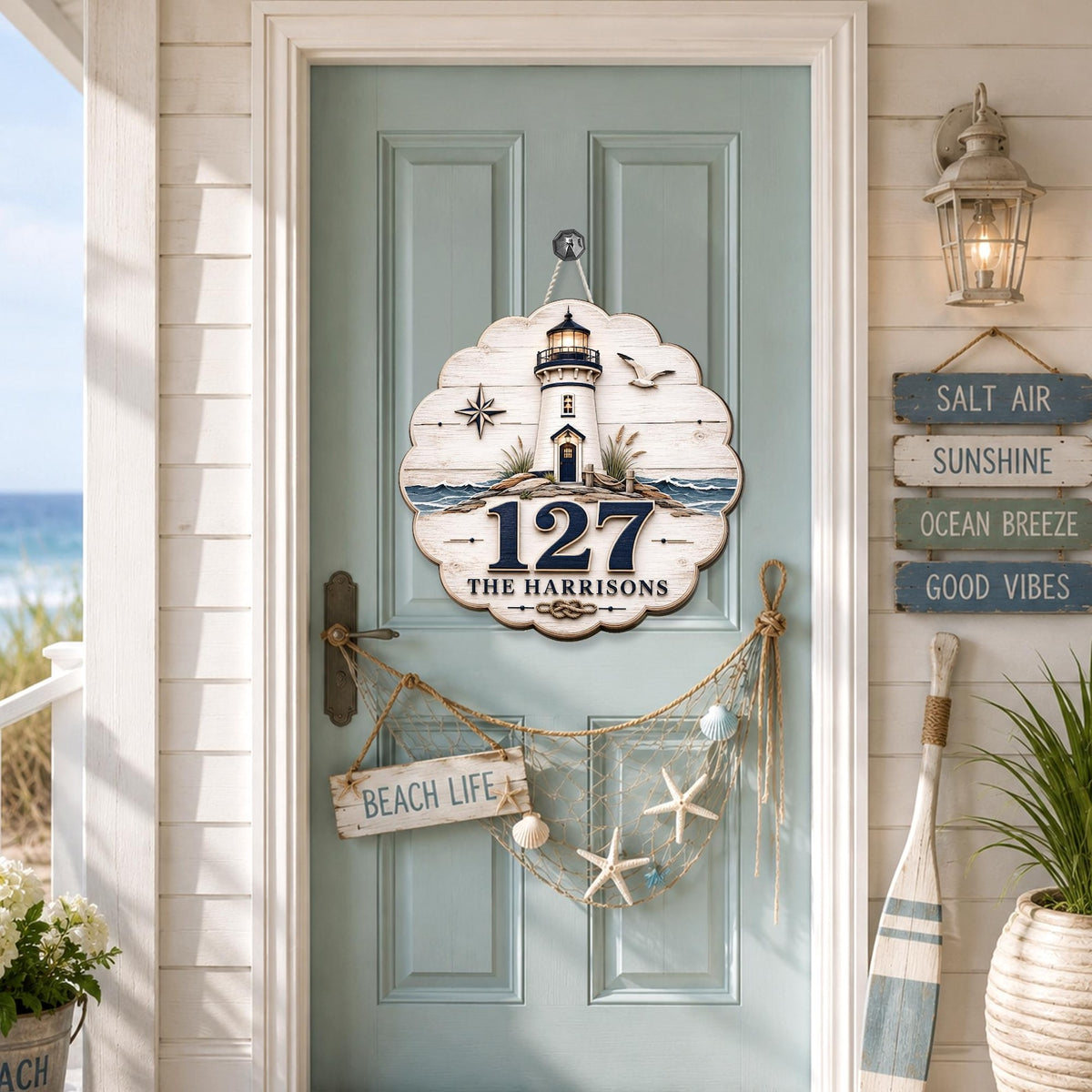 Coastal Lighthouse Address Sign, Personalized House Number Sign, Nautical Wooden Address Plaque, Beach House Decor