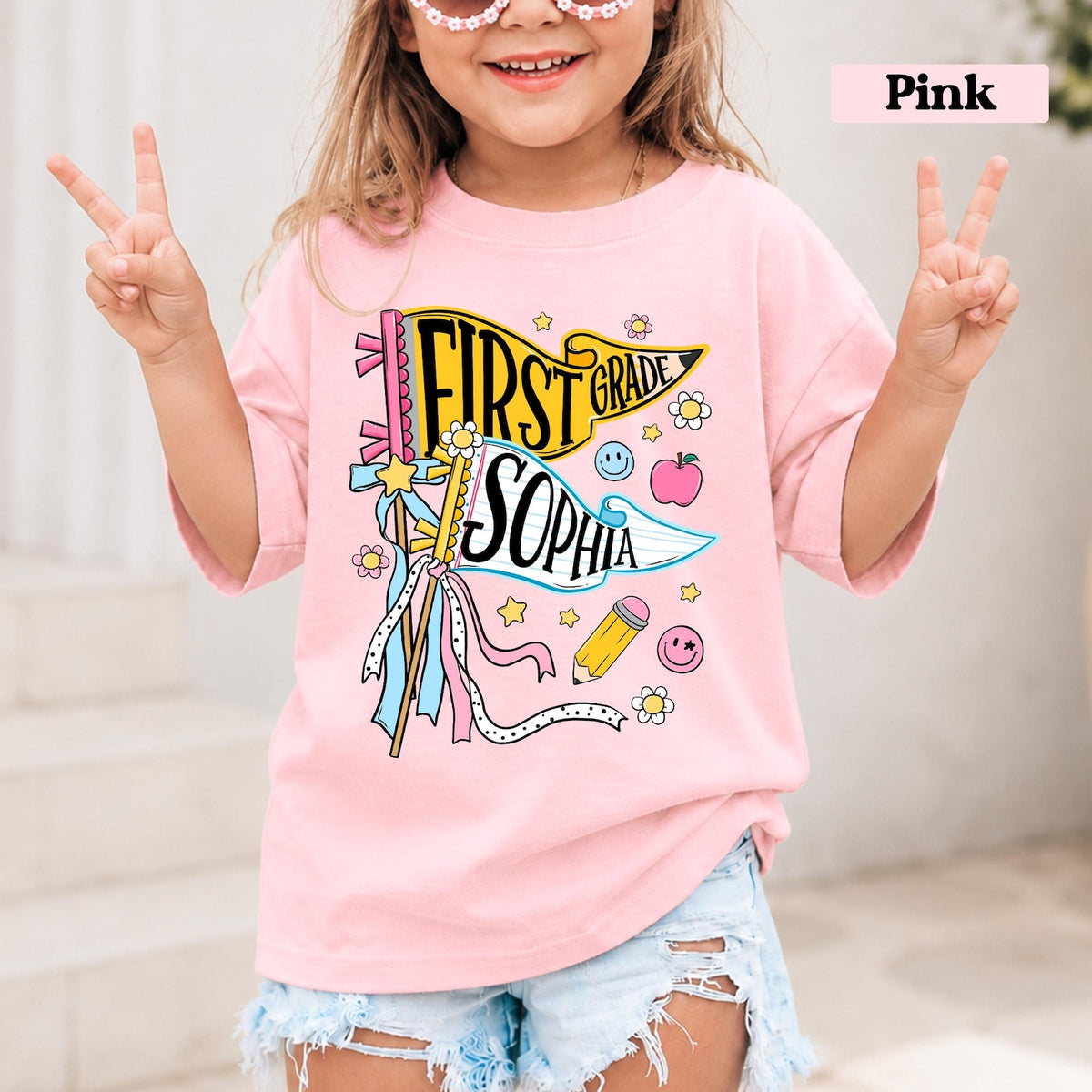 Personalized Pencil Back To School Kids Shirt, Custom Pennant Kids Girl Shirt, Custom Any Grade Shirt, School Toddler Shirt
