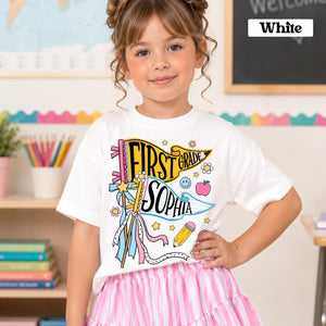 Personalized Pencil Back To School Kids Shirt, Custom Pennant Kids Girl Shirt, Custom Any Grade Shirt, School Toddler Shirt