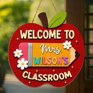 Personalized Apple Teacher Name Door Sign, Custom Welcome Door Hanger, Back to School 3D Wooden Classroom Decor, Teacher Appreciation Gifts