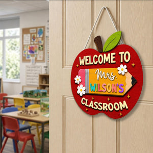 Personalized Apple Teacher Name Door Sign, Custom Welcome Door Hanger, Back to School 3D Wooden Classroom Decor, Teacher Appreciation Gifts