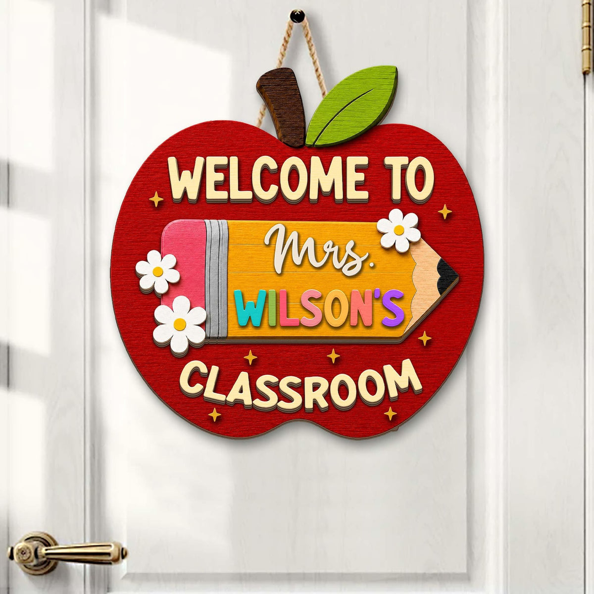 Personalized Apple Teacher Name Door Sign, Custom Welcome Door Hanger, Back to School 3D Wooden Classroom Decor, Teacher Appreciation Gifts
