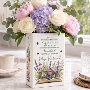Personalized Retirement Book Vase, Teacher Retirement Gift, Custom Flower Vase for Retired Woman, Floral Book Lover Decor, New Chapter Gift