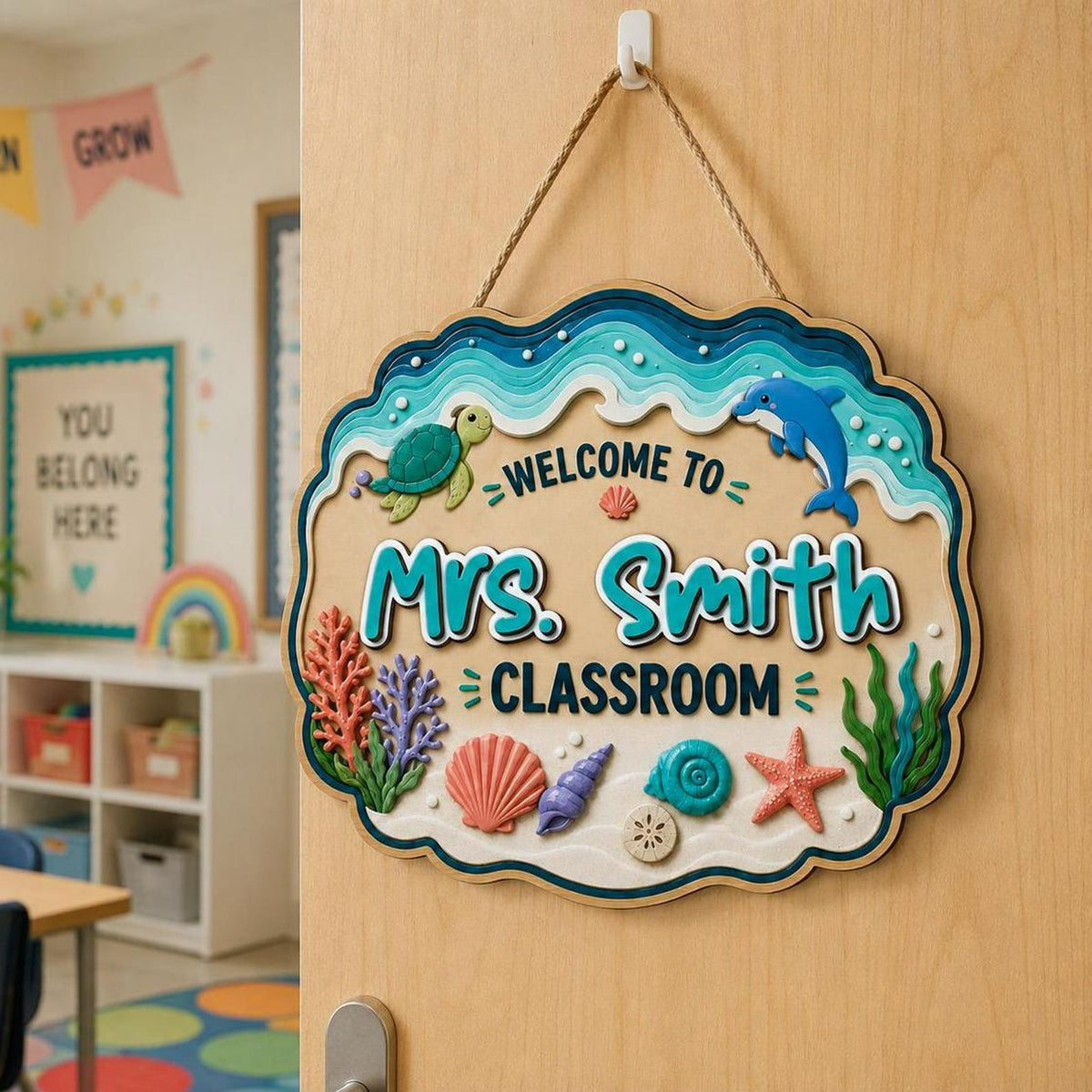 Personalized Ocean Teacher 3 Layers Wooden Sign, Sea Turtle Classroom Door Hanger, Teacher Appreciation Gifts, Back to School Decor, New Teacher Gift