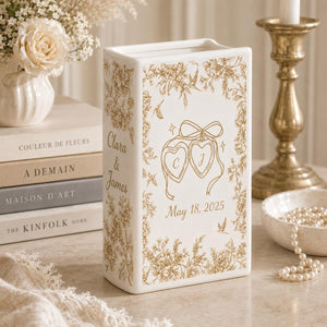 Personalized Engagement Ceramic Book Vase,Custom Toile De Jouy Couple Name Book Vase, Floral Engaged Gift,Gift For Bride,Wedding Couple Gift