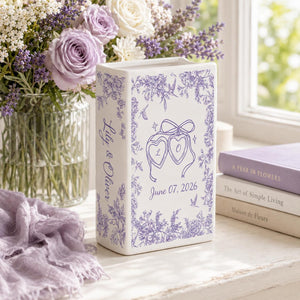 Personalized Engagement Ceramic Book Vase,Custom Toile De Jouy Couple Name Book Vase, Floral Engaged Gift,Gift For Bride,Wedding Couple Gift