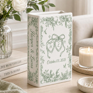 Personalized Engagement Ceramic Book Vase,Custom Toile De Jouy Couple Name Book Vase, Floral Engaged Gift,Gift For Bride,Wedding Couple Gift