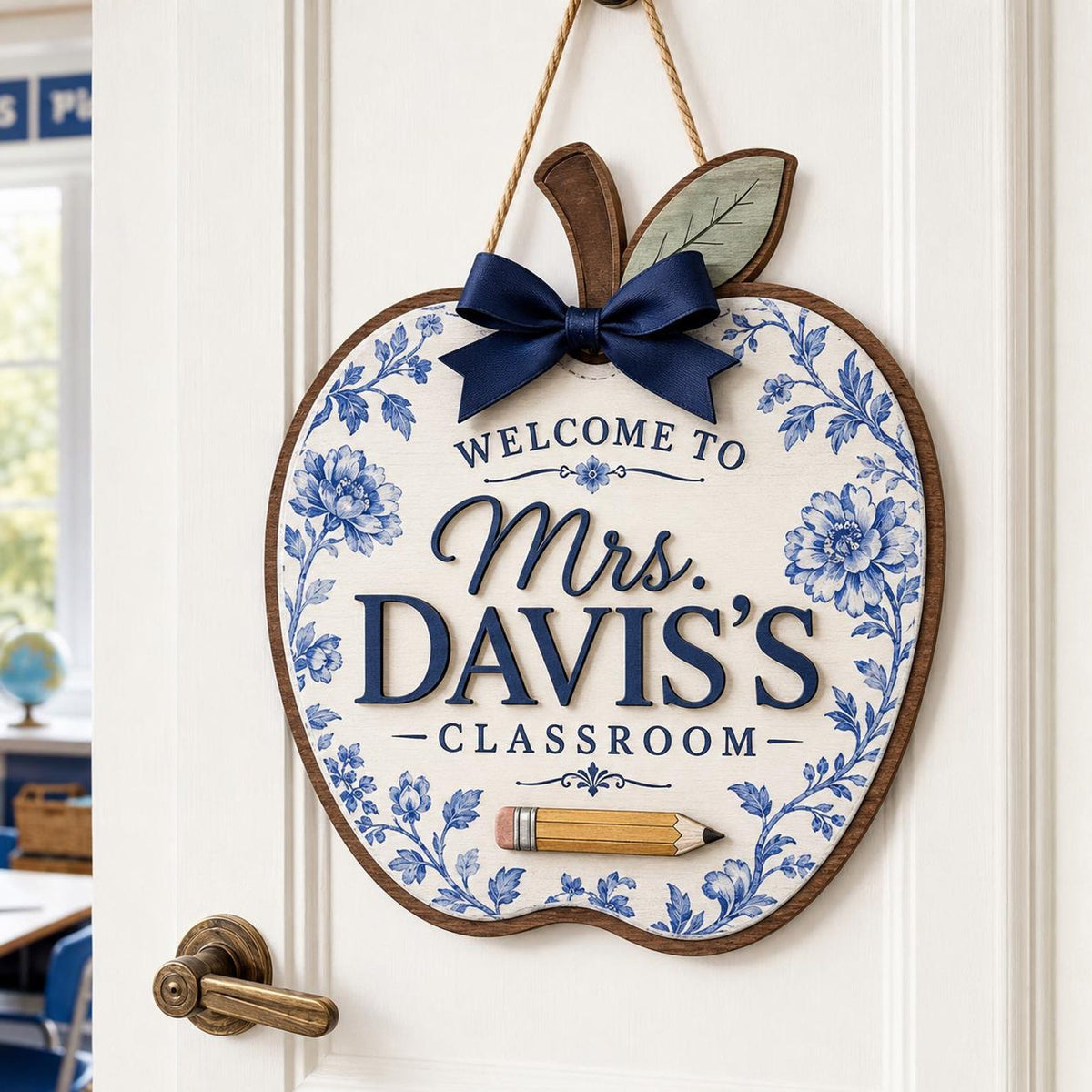 Personalized Teacher Door Sign, 3 Layers Apple Name Sign, Blue Floral Classroom Decor, Back to School Welcome Hanger, Custom Teacher Gift