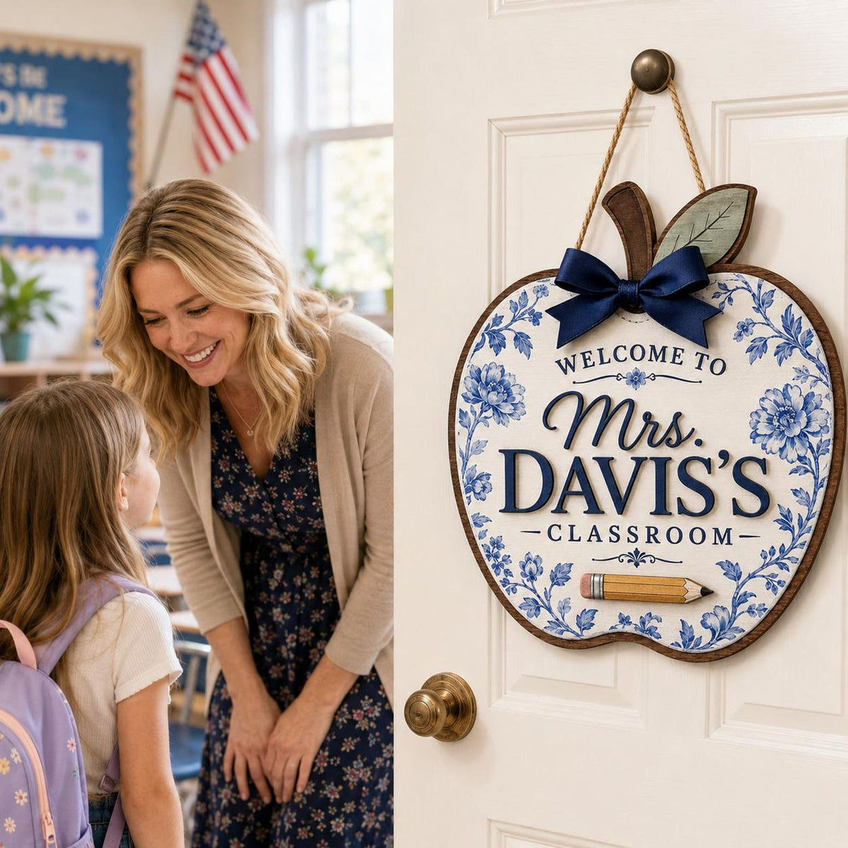 Personalized Teacher Door Sign, 3 Layers Apple Name Sign, Blue Floral Classroom Decor, Back to School Welcome Hanger, Custom Teacher Gift
