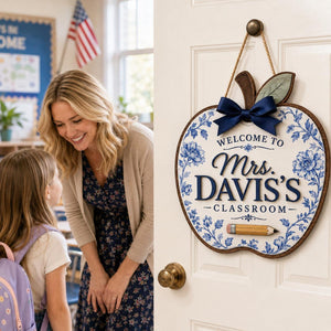 Personalized Teacher Door Sign, 3 Layers Apple Name Sign, Blue Floral Classroom Decor, Back to School Welcome Hanger, Custom Teacher Gift